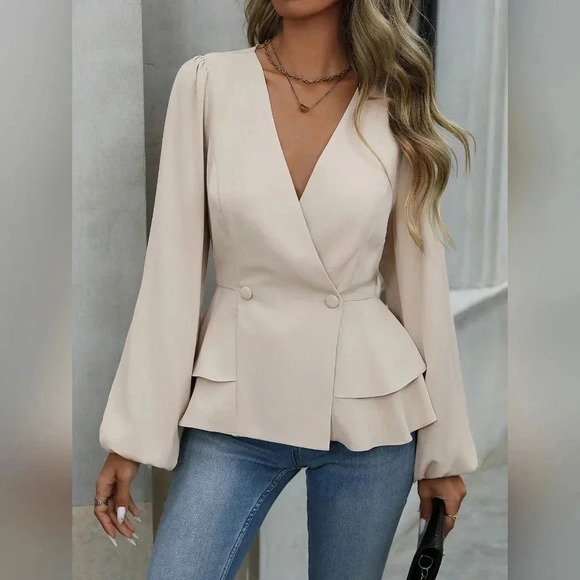Women's Solid Color V-Neck Double-Breasted Wrap Elegant Long Sleeve - Picture 1 of 8